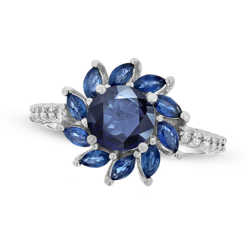 Image of ID 1 60mm Blue Sapphire and 025 CT TW Natural Diamond Floral Frame Ring in Solid 14K White Gold