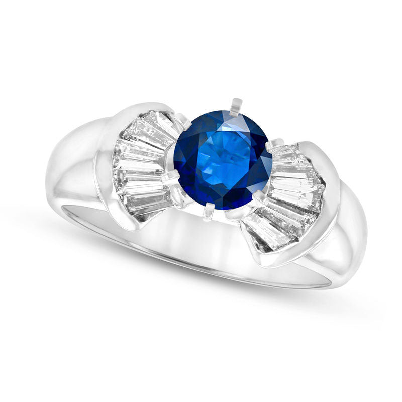Image of ID 1 60mm Blue Sapphire and 050 CT TW Baguette Natural Diamond Ring in Solid 14K White Gold