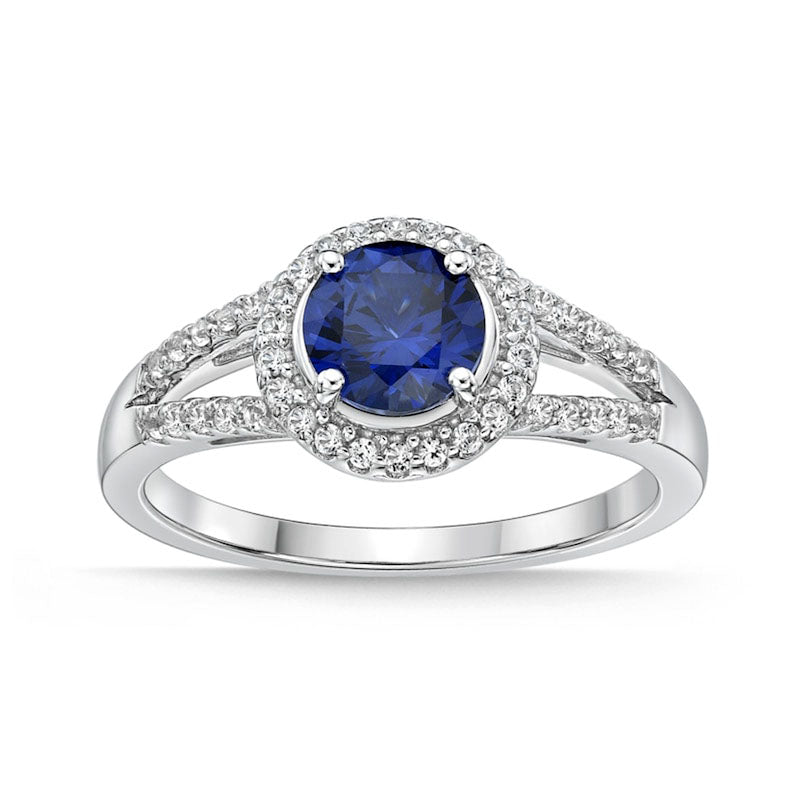 Image of ID 1 60mm Blue and White Lab-Created Sapphire Frame Split Shank Ring in Sterling Silver