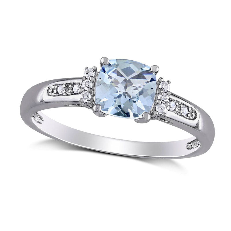 Image of ID 1 60mm Checkerboard Cushion-Cut Aquamarine and 005 CT TW Natural Diamond Trio Collar Ring in Sterling Silver
