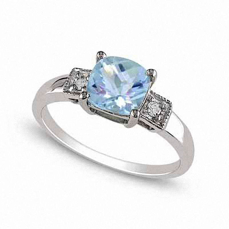 Image of ID 1 60mm Cushion-Cut Aquamarine and 005 CT TW Natural Diamond Promise Ring in Sterling Silver