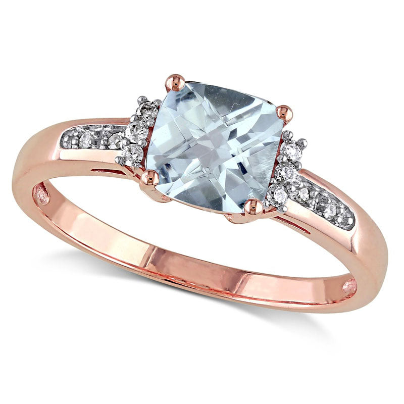 Image of ID 1 60mm Cushion-Cut Aquamarine and Natural Diamond Accent Engagement Ring in Solid 10K Rose Gold