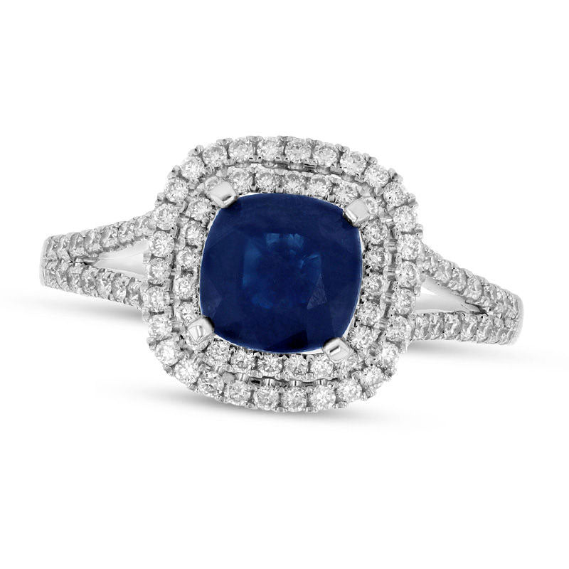 Image of ID 1 60mm Cushion-Cut Blue Sapphire and 038 CT TW Natural Diamond Double Frame Split Shank Engagement Ring in Solid 14K White Gold