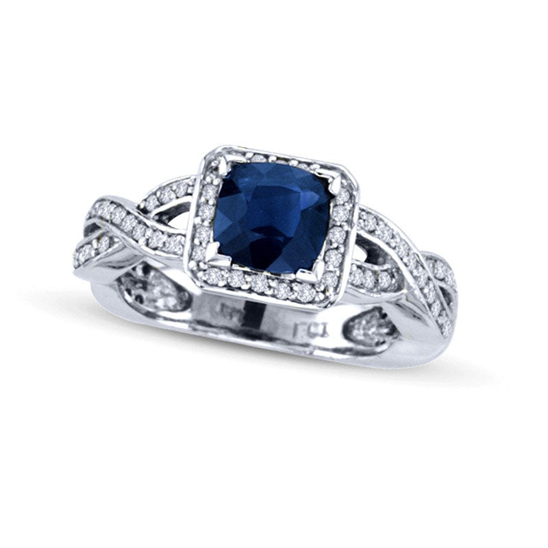 Image of ID 1 60mm Cushion-Cut Blue Sapphire and 038 CT TW Natural Diamond Frame Engagement Ring in Solid 14K White Gold