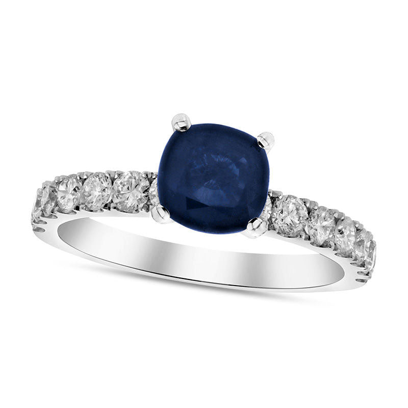 Image of ID 1 60mm Cushion-Cut Blue Sapphire and 075 CT TW Natural Diamond Engagement Ring in Solid 18K White Gold
