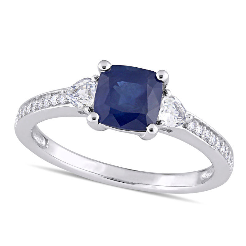 Image of ID 1 60mm Cushion-Cut Blue and White Sapphire and 010 CT TW Natural Diamond Three Stone Engagement Ring in Solid 14K White Gold