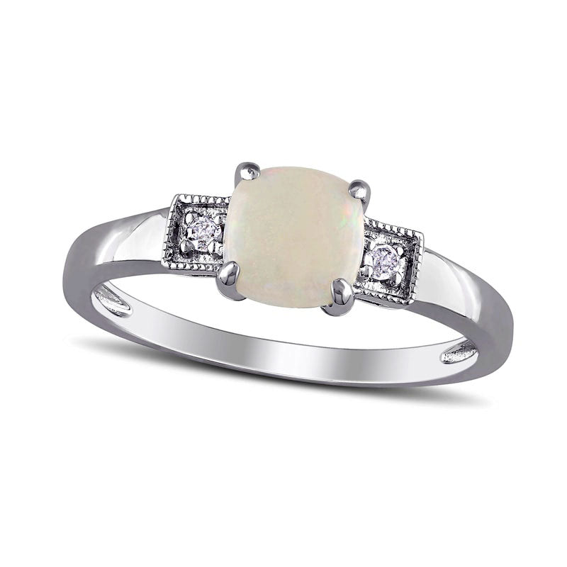 Image of ID 1 60mm Cushion-Cut Cabochon Opal and 005 CT TW Natural Diamond Antique Vintage-Style Ring in Sterling Silver