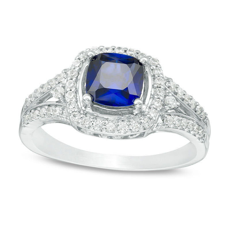 Image of ID 1 60mm Cushion-Cut Lab-Created Blue Sapphire and 033 CT TW Diamond Frame Ring in Solid 10K White Gold