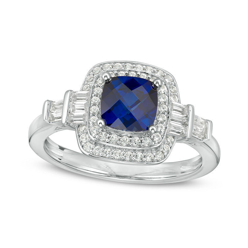 Image of ID 1 60mm Cushion-Cut Lab-Created Blue and White Sapphire Double Frame Art Deco Ring in Sterling Silver