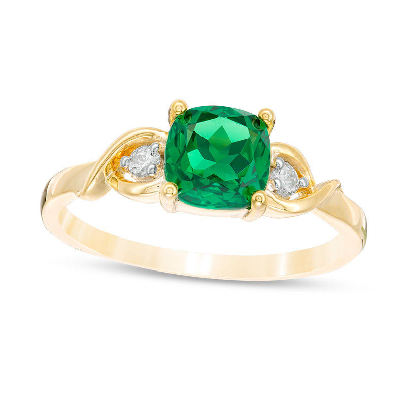 Image of ID 1 60mm Cushion-Cut Lab-Created Emerald and Diamond Accent Crossover Loop Promise Ring in Solid 10K Yellow Gold