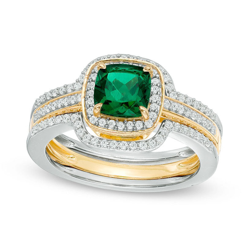 Image of ID 1 60mm Cushion-Cut Lab-Created Emerald and White Sapphire Frame Bridal Engagement Ring Set in Sterling Silver and Solid 14K Gold Plate