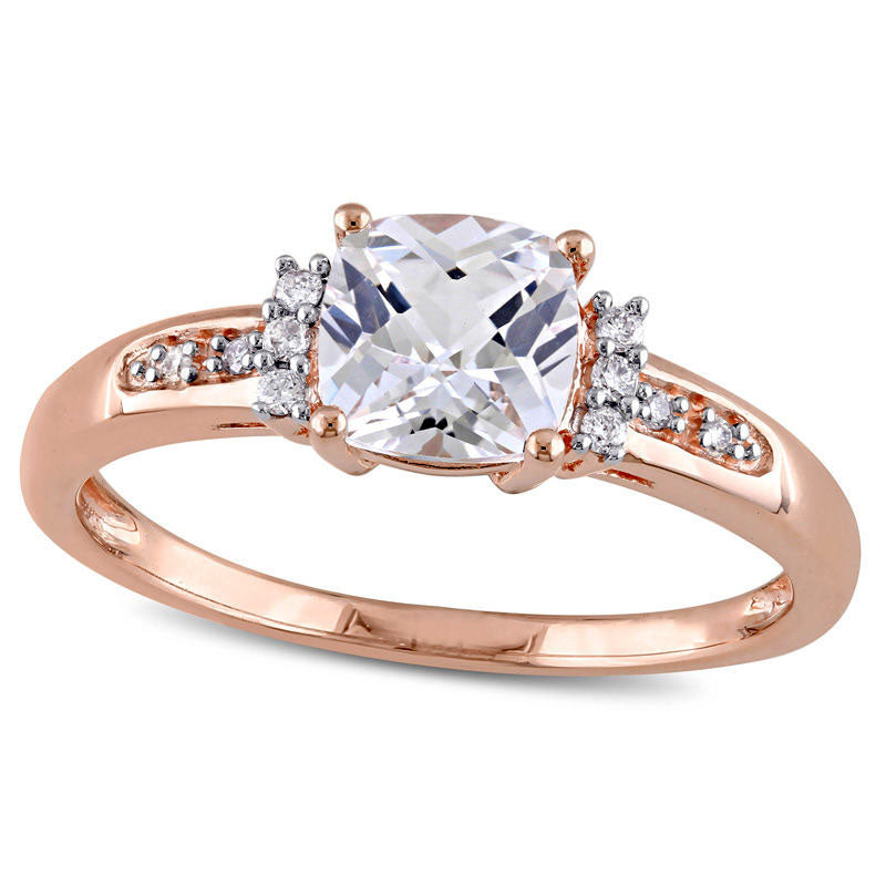 Image of ID 1 60mm Cushion-Cut Lab-Created White Sapphire and Diamond Accent Ring in Solid 10K Rose Gold