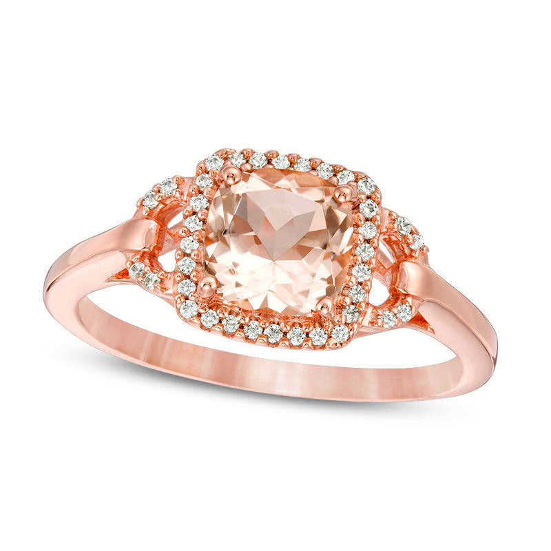 Image of ID 1 60mm Cushion-Cut Morganite and 013 CT TW Natural Diamond Frame Buckle Engagement Ring in Solid 10K Rose Gold