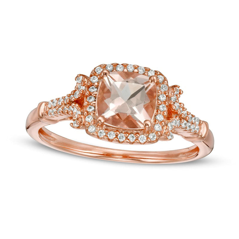 Image of ID 1 60mm Cushion-Cut Morganite and 017 CT TW Natural Diamond Frame Collared Split Shank Ring in Solid 10K Rose Gold