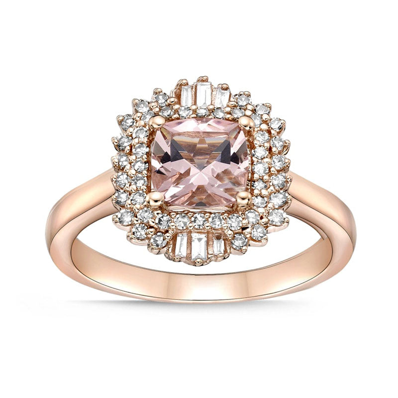 Image of ID 1 60mm Cushion-Cut Morganite and 025 CT TW Natural Diamond Starburst Double Frame Ring in Solid 10K Rose Gold