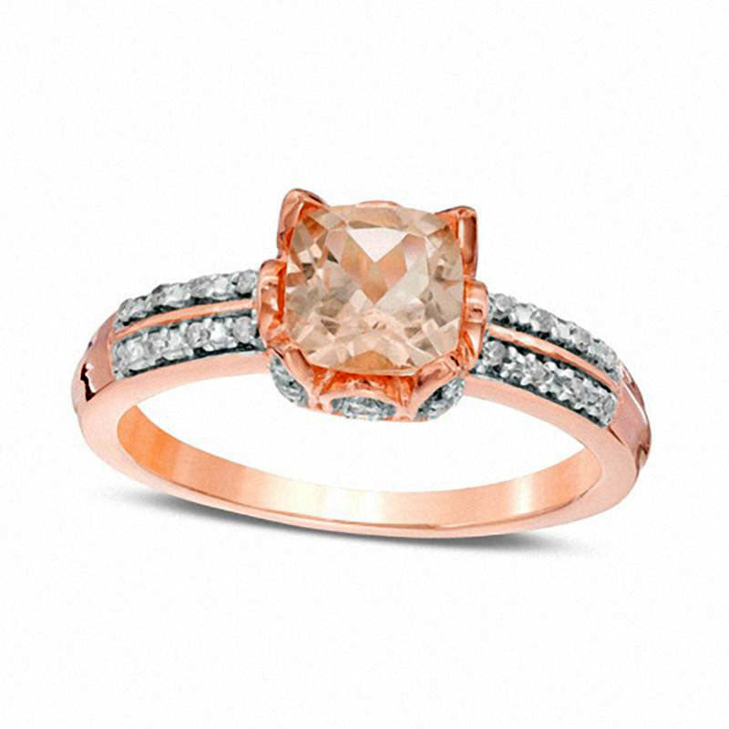 Image of ID 1 60mm Cushion-Cut Morganite and Natural Diamond Accent Double Row Ring in Solid 10K Rose Gold