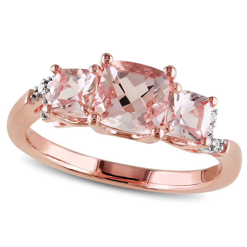 Image of ID 1 60mm Cushion-Cut Morganite and Natural Diamond Accent Three Stone Ring in Rose Rhodium Sterling Silver