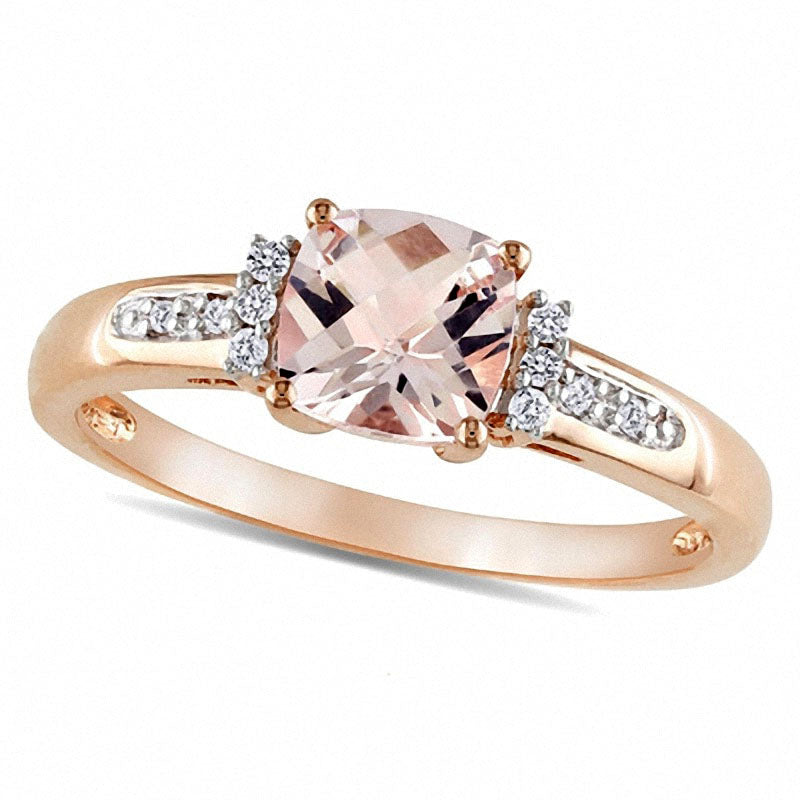 Image of ID 1 60mm Cushion-Cut Pink Morganite and Natural Diamond Accent Engagement Ring in Solid 10K Rose Gold