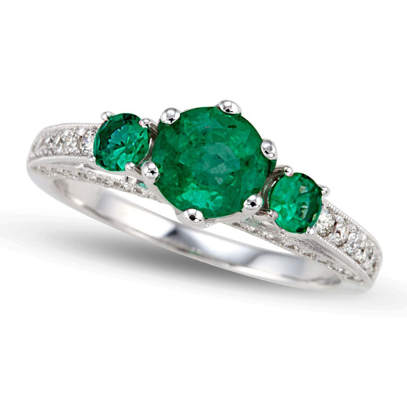 Image of ID 1 60mm Emerald and 038 CT TW Natural Diamond Engagement Three Stone Ring in Solid 14K White Gold