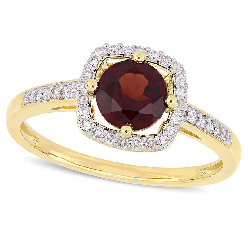 Image of ID 1 60mm Garnet and 013 CT TW Natural Diamond Cushion Frame Ring in Solid 10K Yellow Gold
