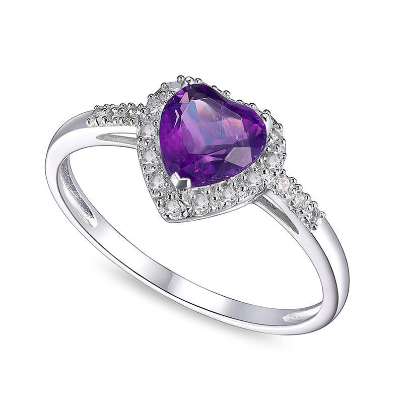 Image of ID 1 60mm Heart-Shaped Amethyst and 010 CT TW Natural Diamond Frame Ring in Solid 10K White Gold