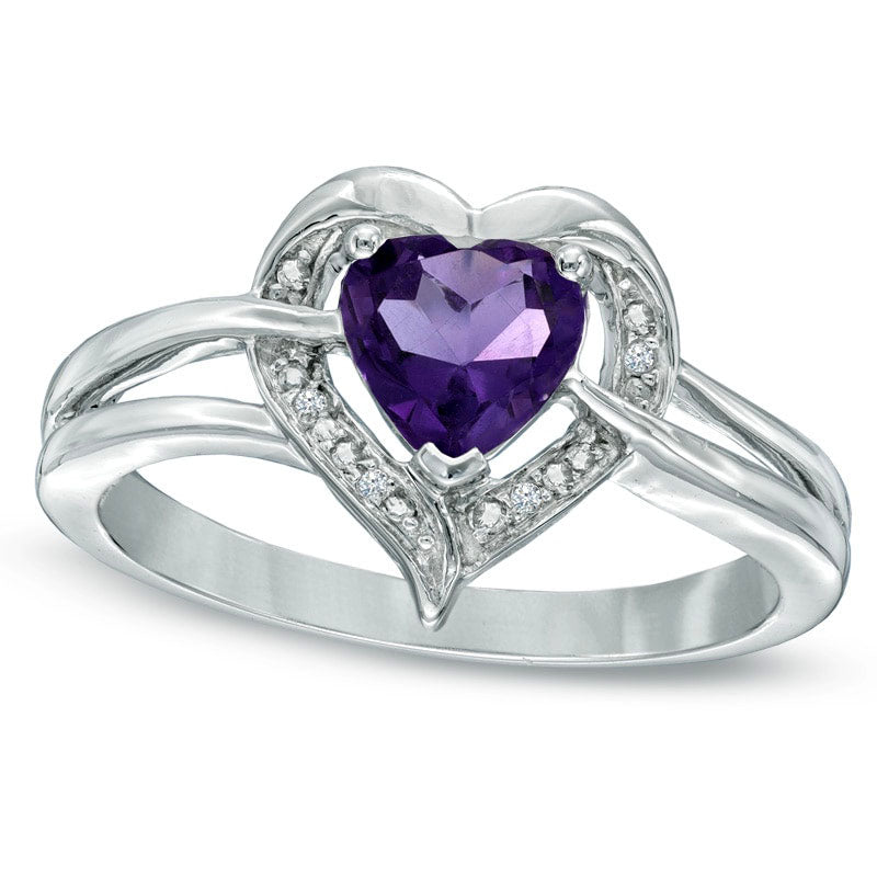 Image of ID 1 60mm Heart-Shaped Amethyst and Natural Diamond Accent Ring in Sterling Silver