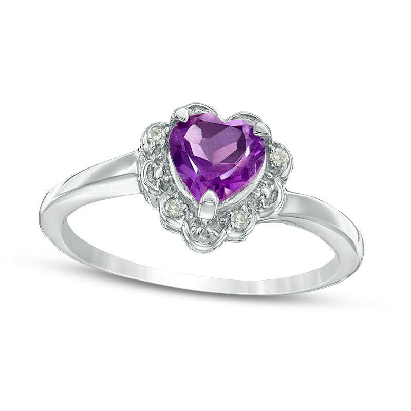 Image of ID 1 60mm Heart-Shaped Amethyst and Natural Diamond Accent Scallop Frame Ring in Sterling Silver