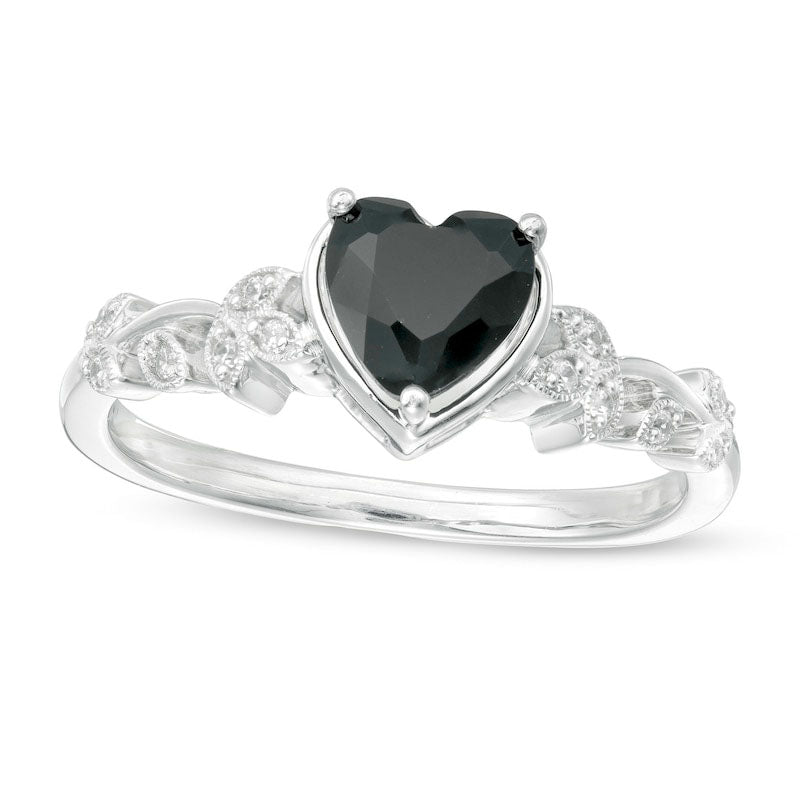 Image of ID 1 60mm Heart-Shaped Black Sapphire and 005 CT TW Natural Diamond Vine Antique Vintage-Style Ring in Solid 10K White Gold