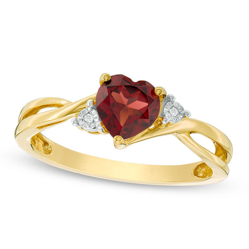 Image of ID 1 60mm Heart-Shaped Garnet and Natural Diamond Accent Split Shank Ring in Solid 10K Yellow Gold