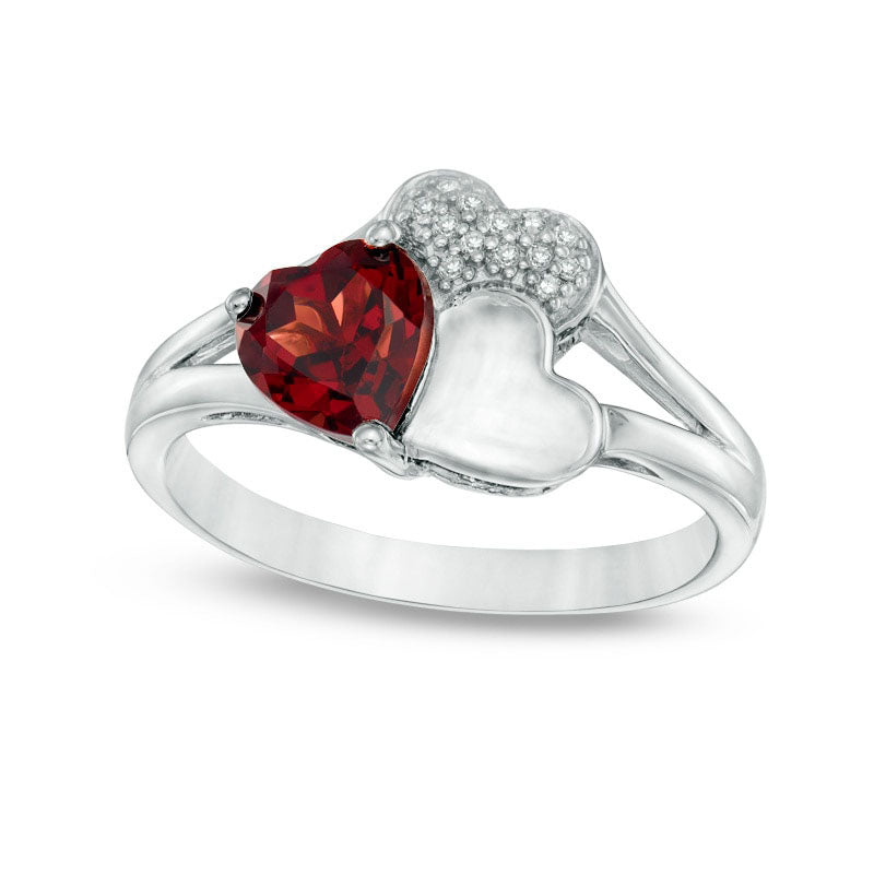 Image of ID 1 60mm Heart-Shaped Garnet and Natural Diamond Accent Triple Heart Ring in Sterling Silver