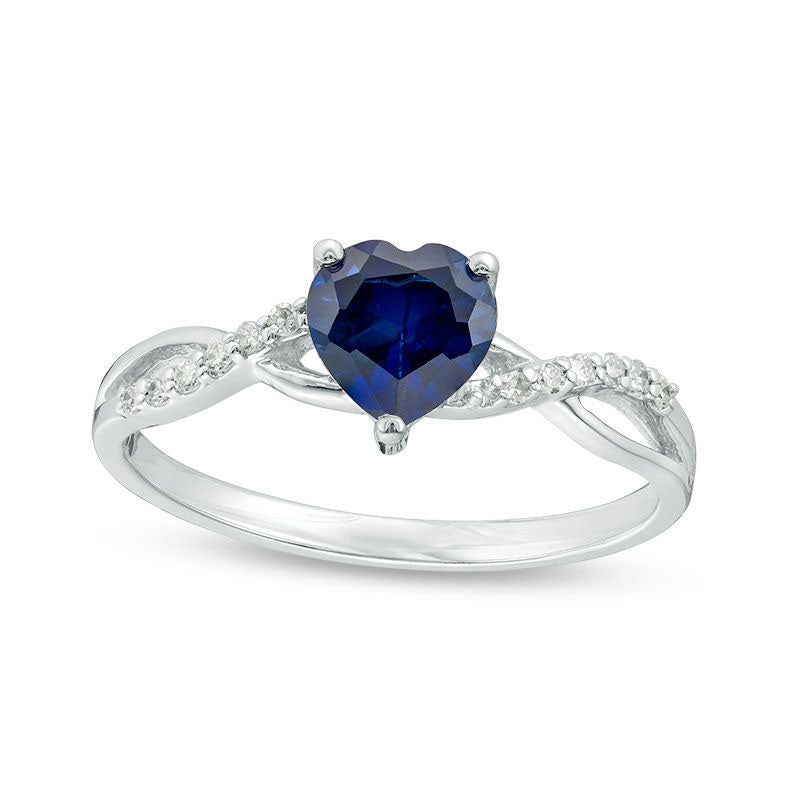 Image of ID 1 60mm Heart-Shaped Lab-Created Blue Sapphire and 005 CT TW Diamond Twist Shank Ring in Solid 10K White Gold