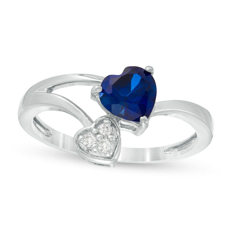 Image of ID 1 60mm Heart-Shaped Lab-Created Blue Sapphire and Diamond Accent Bypass Split Shank Ring in Solid 10K White Gold