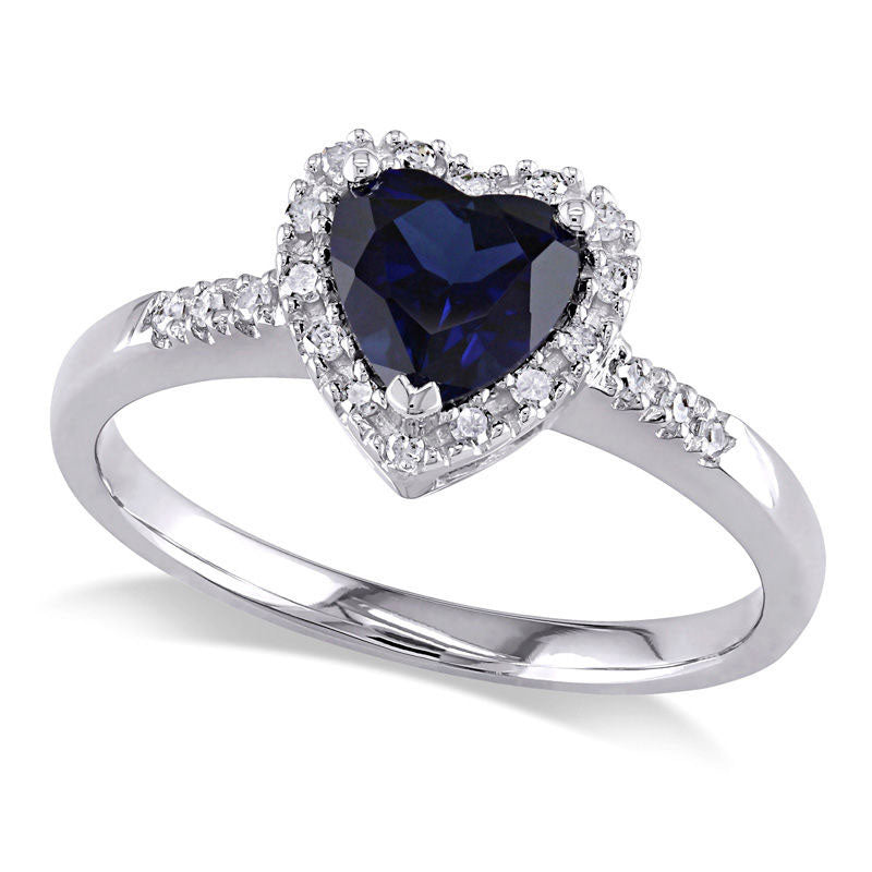 Image of ID 1 60mm Heart-Shaped Lab-Created Blue Sapphire and Diamond Accent Frame Ring in Solid 10K White Gold
