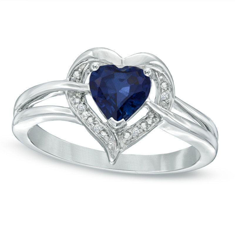 Image of ID 1 60mm Heart-Shaped Lab-Created Blue Sapphire and Diamond Accent Ring in Sterling Silver