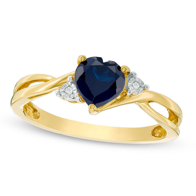 Image of ID 1 60mm Heart-Shaped Lab-Created Blue Sapphire and Diamond Accent Split Shank Ring in Solid 10K Yellow Gold
