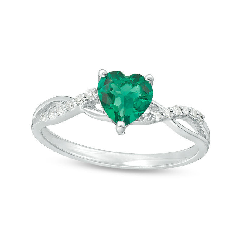 Image of ID 1 60mm Heart-Shaped Lab-Created Emerald and 005 CT TW Diamond Twist Shank Ring in Solid 10K White Gold