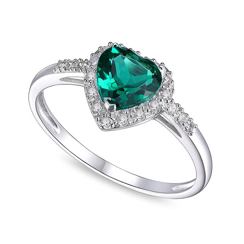 Image of ID 1 60mm Heart-Shaped Lab-Created Emerald and 010 CT TW Diamond Frame Ring in Solid 10K White Gold