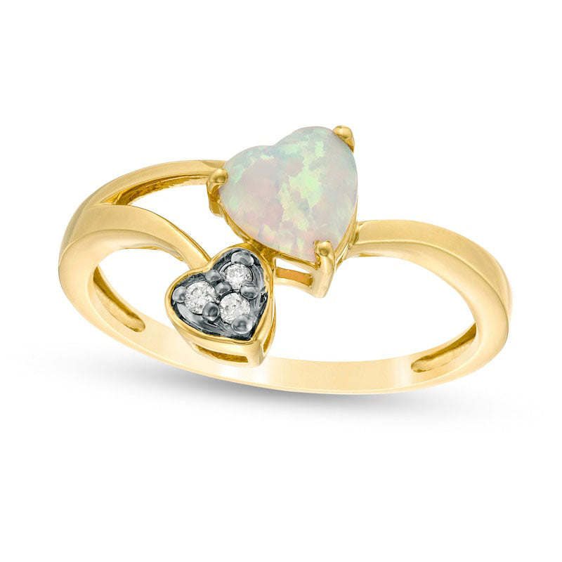Image of ID 1 60mm Heart-Shaped Lab-Created Opal and Diamond Accent Bypass Split Shank Ring in Solid 10K Yellow Gold