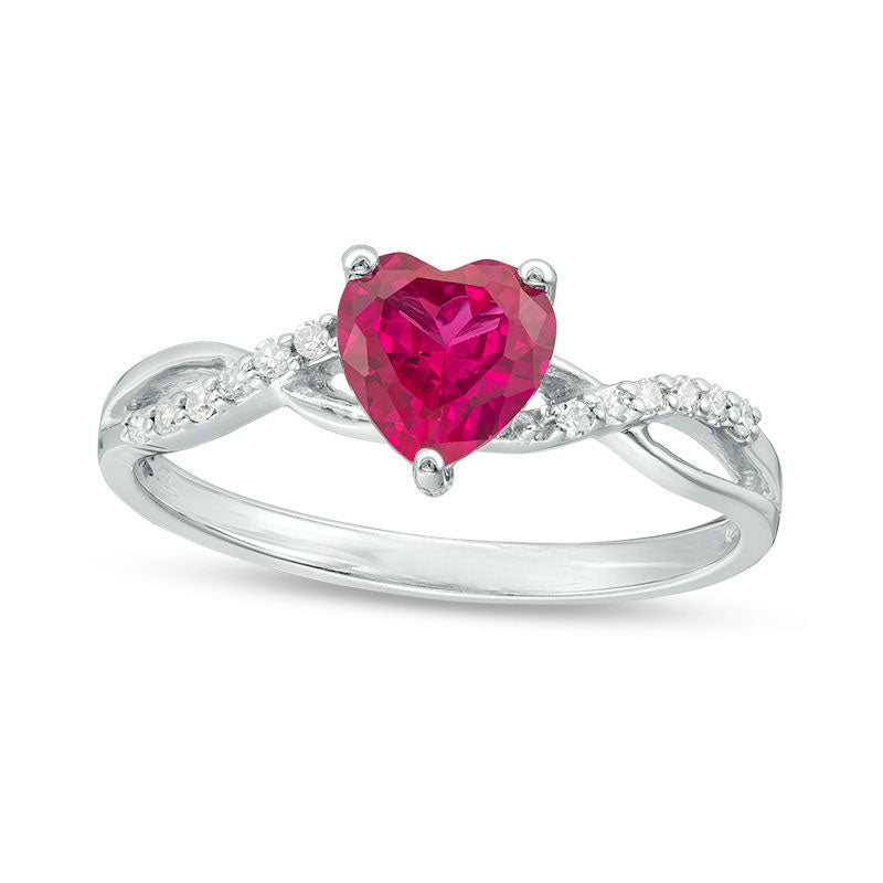 Image of ID 1 60mm Heart-Shaped Lab-Created Ruby and 005 CT TW Diamond Twist Shank Ring in Solid 10K White Gold