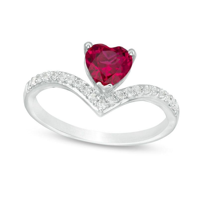 Image of ID 1 60mm Heart-Shaped Lab-Created Ruby and White Sapphire Chevron Ring in Sterling Silver