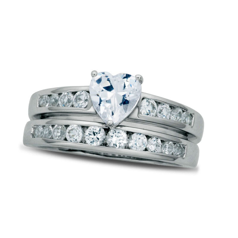 Image of ID 1 60mm Heart-Shaped Lab-Created White Sapphire Bridal Engagement Ring Set in Sterling Silver