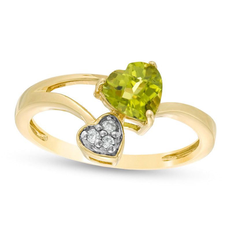 Image of ID 1 60mm Heart-Shaped Peridot and Natural Diamond Accent Double Heart Bypass Ring in Solid 10K Yellow Gold
