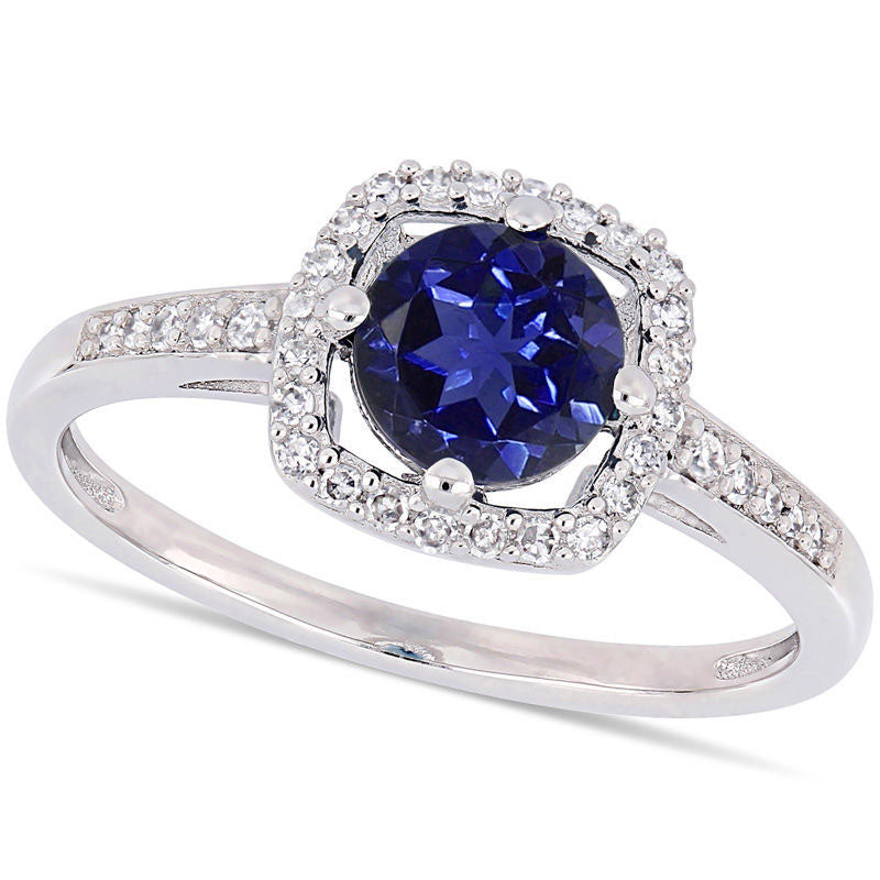 Image of ID 1 60mm Lab-Created Blue Sapphire and 013 CT TW Diamond Cushion Frame Ring in Solid 10K White Gold