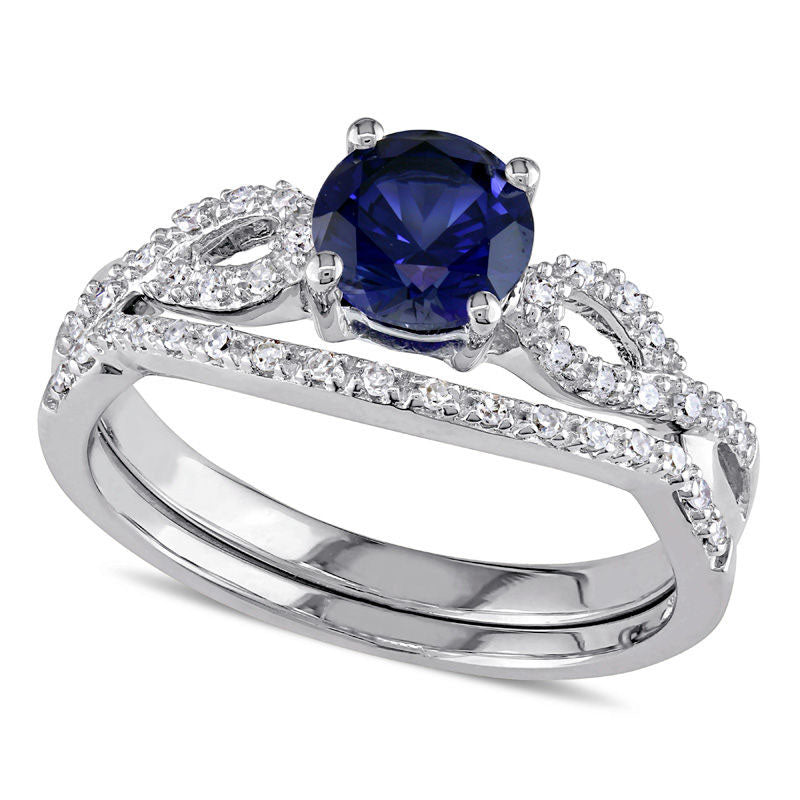 Image of ID 1 60mm Lab-Created Blue Sapphire and 013 CT TW Diamond Twist Shank Bridal Engagement Ring Set in Solid 10K White Gold