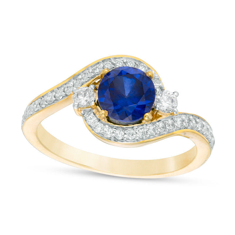 Image of ID 1 60mm Lab-Created Blue Sapphire and 025 CT TW Diamond Three Stone Bypass Ring in Solid 10K Yellow Gold