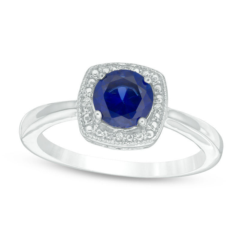 Image of ID 1 60mm Lab-Created Blue Sapphire and Diamond Accent Beaded Frame Antique Vintage-Style Ring in Sterling Silver
