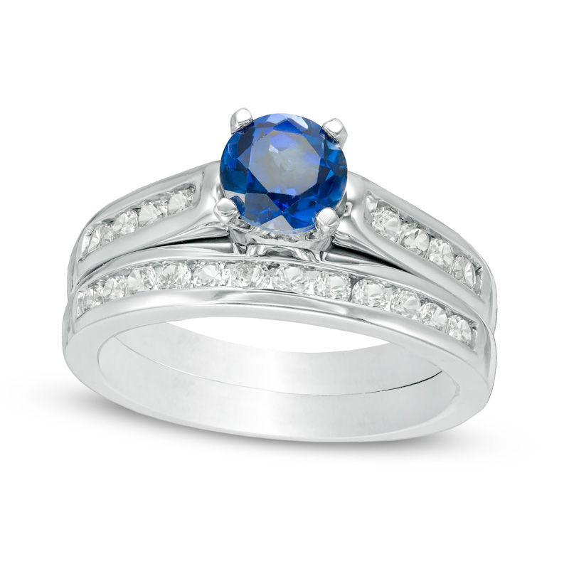 Image of ID 1 60mm Lab-Created Blue and White Sapphire Bridal Engagement Ring Set in Sterling Silver