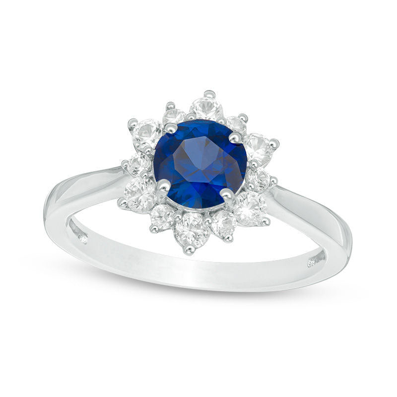 Image of ID 1 60mm Lab-Created Blue and White Sapphire Sunburst Ring in Sterling Silver