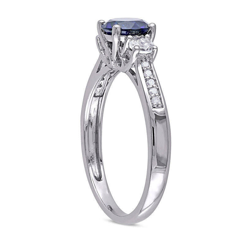 Image of ID 1 60mm Lab-Created Blue and White Sapphire Three Stone Engagement Ring in Solid 10K White Gold with Diamond Accents