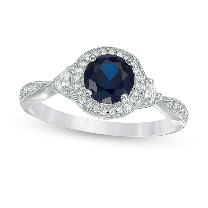 Image of ID 1 60mm Lab-Created Blue and White Sapphire with 010 CT TW Diamond Frame Twist Shank Ring in Sterling Silver